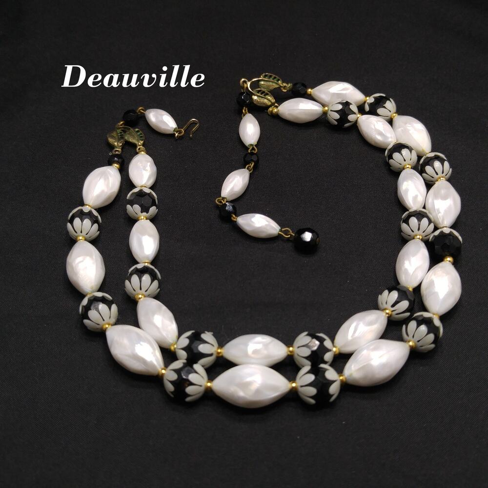 Vintage Deauville Black White Beaded Necklace, Two Strands, 1950s, 18 Inches